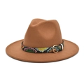 Detail of wool fedora hat with colorful snakeskin belt and golden round metal buckle - M (56-58cm) / Khaki