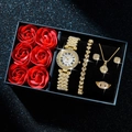 Golden quartz watch set with roman numerals and jewelry in a red rose gift box - Golden Watch Set + Jewelry + Box