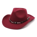 Close-up of wine red wool cowboy hat with black leather band and star metal studs - M (56-58cm) / Burgundy