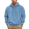 Heren hoodie van lichtblauw pluche fleece met kabelpatroon en capuchon met koord - S / Blauw