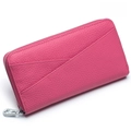 Magenta leather long wallet with litchi texture and star zipper, RFID protection - Rose Red