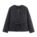 Detail of black diamond-quilted jacket featuring round neck and drawstring waist tie - S / Black