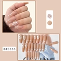 Long matte nude press-on nails with white butterfly patterns and French tips (BKS555) - BKS555 Nude Matte White Butterfly