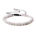 6mm white textured natural stone beads bracelet with adjustable black braided rope - 6mm (Stretchable) / White Weathered Stone