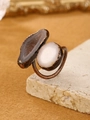 Detailed close-up of vintage bronze adjustable ring featuring natural amethyst and fluorite - Adjustable Open / Quartz Sunflower and Agate Geode