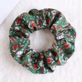 Green plush Christmas scrunchie with festive reindeer and snow house patterns - Dark Green Cartoon Reindeer