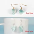 Natural raw blue stones earrings with gold and silver wire-wrapped hooks set - Gold Wire Wrapped / Amazonite