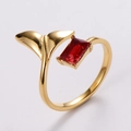 Gold-plated open ring featuring a whale tail design and a rectangular red gemstone - US 6 / Fish Tail Style / Gold