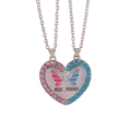 Silver split-heart Best Friends necklace set with pink and blue rhinestone butterflies - A2852-2 (Puzzle Half Heart Butterfly Set - Silver)