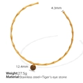 Gold stainless steel bamboo collar necklace featuring a tiger eye stone bead pendant - XL147 Adjustable Gold Collar with Tiger Eye
