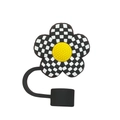 3D flower straw topper with black and white checkerboard pattern for 10mm straws - Black