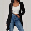 Detail of black ribbed knit cardigan featuring an asymmetrical draped open front design - S / Black