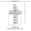 Detail of stainless steel cross pendant with glass stones showing 13mm by 10mm dimensions - Silver Rectangle Rhinestone Cross Pendant (VG190)
