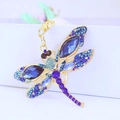 Golden dragonfly keychain with blue and purple crystals and a secure lobster clasp - Blue