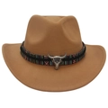 Detail of western cowboy hat with ethnic patterned band and metallic bull head ornament - Adult (57-60cm) / Camel (Bull Head + Colorful Band)