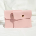 Two small pink PU leather jewelry pouches with gold metal snap buttons on silk fabric - 8*8cm / Pink