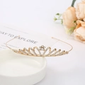 Macro detail of gold bridal tiara with sparkling white rhinestones on a white plate - Crown 7