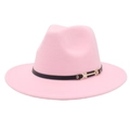Détail d'un chapeau fedora en laine rose avec bande en cuir noir et boucle dorée - M(56-58cm) / Rose (Double Bande)