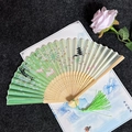 Classical green folding fan with rabbit and cherry blossom patterns and green tassel - Jade Rabbit - Light Green