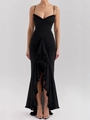 Elegant black V-neck slim-fit midi dress with ruffled hem and spaghetti straps - XS / Black