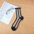 Transparent low-cut socks with black stripes shown on a textured woven mat background - Black Vertical Stripe