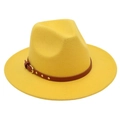 Detail of a bright yellow wool fedora hat with a brown faux leather belt and gold buckle - One Size (57cm) / Yellow (3 Studs)