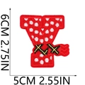 Detail of red embroidered Christmas letter Y patch with white polka dots and size info - Polka Dot Letter-Y