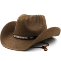 Brown woven straw cowboy hat with leather band and chin strap for sun protection - Coffee