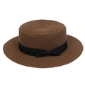 Flat-top straw hat in coffee brown with black ribbon bow decoration on white background - Ribbon Bow Decor Band Style (303D)