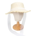 Detail of a straw hat featuring fringe edges and elegant white lace ribbon ties - M (56-58cm) / Beige Straw With White Lace Ribbon (A#)