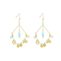 Bohemian gold chain earrings with light blue beads and metallic sequins on white background - Gold Blue