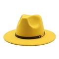 Detail of yellow wool fedora hat with black leather strap and gold metal chain buckle - M (56-58cm) / Yellow