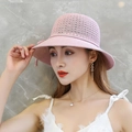 Fashionable pink woven straw sun hat for women with foldable brim and textured finish - Hollow Lace-up Leather Pink