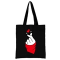 Black canvas tote bag featuring a white and red heart hand gesture graphic print - Hand Heart / Black