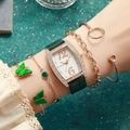 Women's gold rectangular watch with green leather strap and matching jewelry set - Green Watch Set (picture Box)
