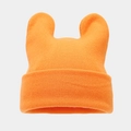 Detail of orange knitted beanie with cute animal ears and textured ribbed cuff - Orange