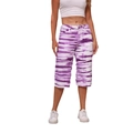 Damen Capri-Jeans mit mittelhohem Bund und lila-weißen Batik-Streifen in lockerer Passform - S / Lila