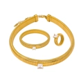 Detailed view of gold jewelry set with striped texture and square zircon gemstones - White 3-Piece Set