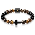 Tiger eye and black onyx beaded bracelet with cross and golden letter K bead - Letter K