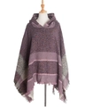 Women's knitted hooded poncho in purple herringbone pattern with fringe detail - Purple