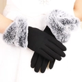 Women's warm black fleece gloves with grey faux fur cuffs and touchscreen fingers - Fleece Chevron - Black