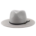 Strohhut in Cremeweiß mit schwarzem Lederband und Vintage-Schnalle für Damen und Herren - Grau