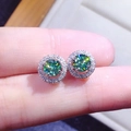 Sparkling S925 silver round earrings with brilliant green moissanite and halo stones - Blue-green Round Earrings Led-150