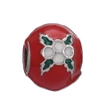 Red enamel round bead charm with white berries and green leaf patterns for bracelets - Red Holly Berry Bead (#43)