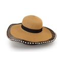 Détail du chapeau de paille à bord large avec résille noire et perles blanches - M (56-58cm) / Kaki