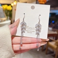 Silver 925 marquise-cut crystal earrings with long tassel fringe and ball pendants - Silver Leaf Full Zircon Tassel (E0280)