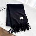 Solid black tassel scarf in soft faux cashmere with a stylish woven brand label - Black / Over 175cm