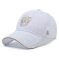 White breathable mesh baseball cap featuring a golden embroidered shield logo design - Adjustable / White