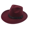 Detail of burgundy fedora hat featuring a black satin ribbon and elegant bow accent - Burgundy