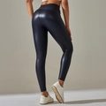 Back view of high waisted black PU leather leggings with glossy finish for women - XS / Navy Blue